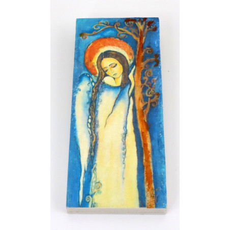 Anioł na drewnianej desce 14x6 cm dekoracja handmade