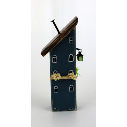 Drewniany domek dekoracyjny premium niebieski z latarenką 16 cm