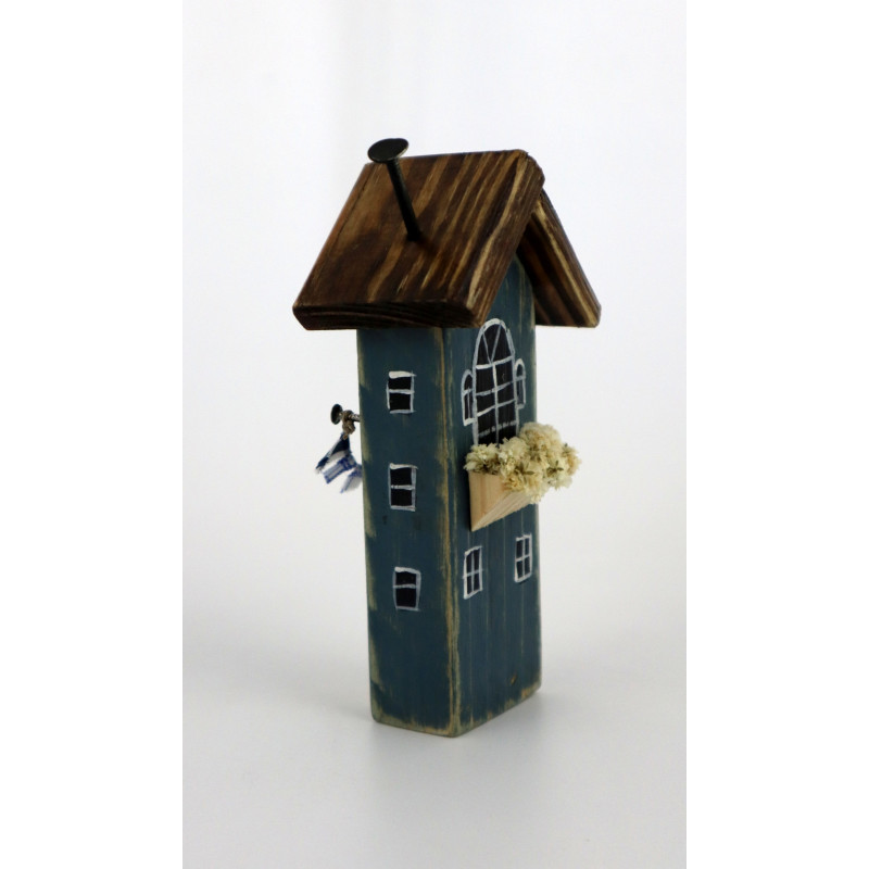 Drewniany domek dekoracyjny premium granatowy z pręgami 12,5 cm
