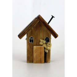 Drewniany domek dekoracyjny premium brązowy z kwiatami 9 cm