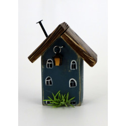 Drewniany domek dekoracyjny premium granatowy z latarenką 10 cm