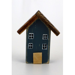 Drewniany domek dekoracyjny premium granatowy z kwiatami 10 cm