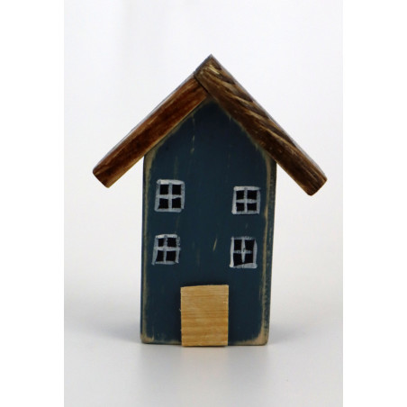 Drewniany domek dekoracyjny premium granatowy z kwiatami 10 cm