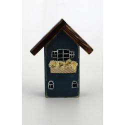 Drewniany domek dekoracyjny premium granatowy z kwiatami 10 cm