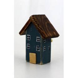 Drewniany domek dekoracyjny premium granatowy z kwiatami 10 cm