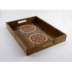 Drewniana brązowa taca Wzór folklorystyczny żółty  duży rozmiar