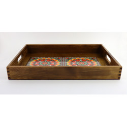 Drewniana brązowa taca Wzór folklorystyczny żółty  duży rozmiar