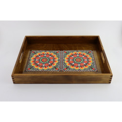 Drewniana brązowa taca Wzór folklorystyczny żółty  duży rozmiar