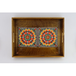 Drewniana brązowa taca Wzór folklorystyczny żółty  duży rozmiar