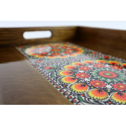 Drewniana brązowa taca Wzór folklorystyczny żółty  duży rozmiar