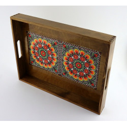 Drewniana brązowa taca Wzór folklorystyczny żółty  duży rozmiar