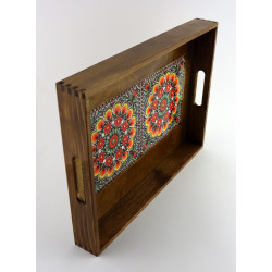 Drewniana brązowa taca Wzór folklorystyczny żółty  duży rozmiar