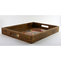 Drewniana brązowa taca Wzór folklorystyczny żółty  duży rozmiar