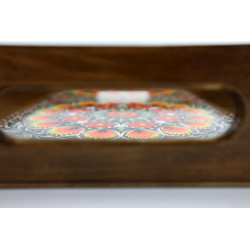 Drewniana brązowa taca Wzór folklorystyczny żółty  duży rozmiar