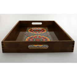 Drewniana brązowa taca Wzór folklorystyczny żółty  duży rozmiar