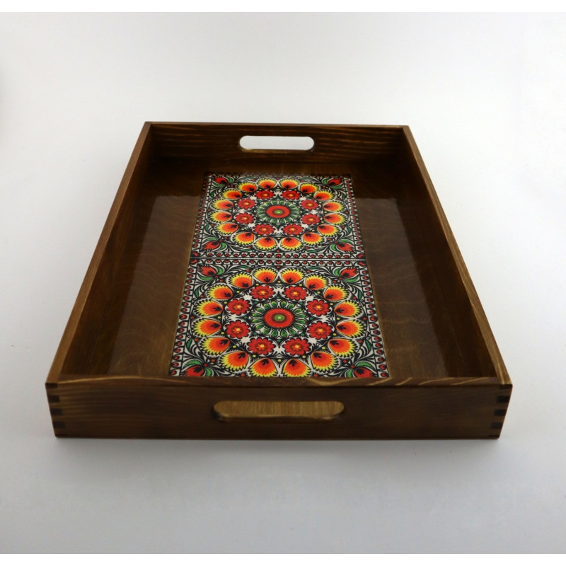 Drewniana brązowa taca Wzór folklorystyczny żółty  duży rozmiar