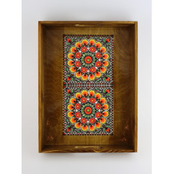 Drewniana brązowa taca Wzór folklorystyczny żółty  duży rozmiar