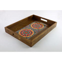 Drewniana brązowa taca Wzór folklorystyczny żółty  duży rozmiar