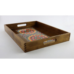 Drewniana brązowa taca Wzór folklorystyczny żółty  duży rozmiar