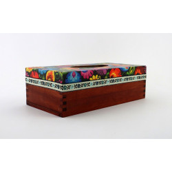 Pudełko na chusteczki. Folk wzór łowicki czarne tło. Kolor Palisander