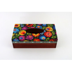 Pudełko na chusteczki. Folk wzór łowicki czarne tło. Kolor Palisander