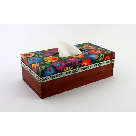 Pudełko na chusteczki. Folk wzór łowicki czarne tło. Kolor Palisander