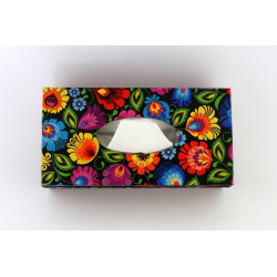 Pudełko na chusteczki. Folk wzór łowicki czarne tło. Kolor Palisander