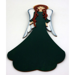 Drewniany ,duży Anioł w Długiej Sukni z Falbanami.  Ciemna zieleń