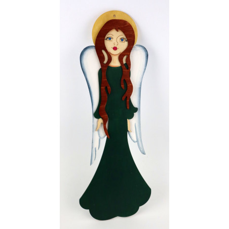 Drewniany ,duży Anioł w Długiej Sukni z Falbanami.  Ciemna zieleń
