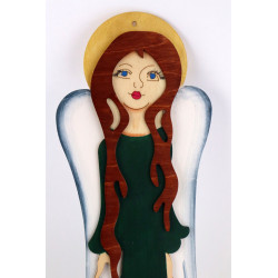 Drewniany ,duży Anioł w Długiej Sukni z Falbanami.  Ciemna zieleń