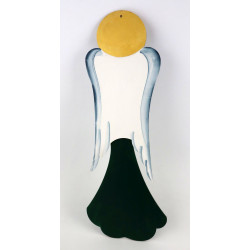 Drewniany ,duży Anioł w Długiej Sukni z Falbanami.  Ciemna zieleń