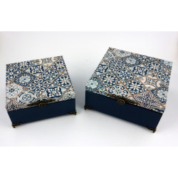 Elegancka, granatowa, krzynka, szkatułka z motywem Azulejos