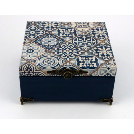 Elegancka, granatowa, krzynka, szkatułka z motywem Azulejos