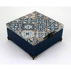 Elegancka, granatowa, krzynka, szkatułka z motywem Azulejos